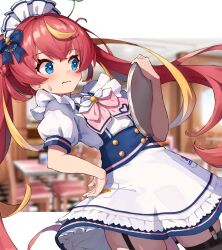 Rule 34 | 1girl, alternate costume, blue eyes, blurry, blurry background, blush, breasts, closed mouth, commentary request, enmaided, hair between eyes, hair ornament, highres, indie virtual youtuber, long hair, looking at viewer, maid, maid cafe, mefuchan, mei (vtuber), red hair, ribbon, small breasts, solo, sweat, thighhighs, tray, twintails, virtual youtuber
