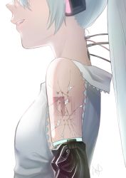 Rule 34 | 1girl, absurdres, android, aqua hair, bare shoulders, black sleeves, blouse, cable, circuit, crack, detached sleeves, from side, grey shirt, hatsune miku, headphones, highres, kokutogeroama, long hair, number tattoo, open mouth, shirt, shoulder tattoo, signature, sleeveless, sleeveless shirt, smile, solo, tattoo, vocaloid, white background