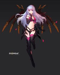 Rule 34 | 1girl, armor, bikini, black bikini, black gloves, breasts, closed mouth, closers, copyright name, elbow gloves, finger to mouth, full body, gloves, gradient background, greaves, highres, layered bikini, leg up, light purple hair, long hair, looking at viewer, navel, petals, pink bikini, pink thighhighs, purple eyes, simple background, single elbow glove, single glove, single vambrace, small breasts, solo, strap slip, swd3e2, swimsuit, thighhighs, vambraces, wings