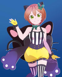 Rule 34 | 1girl, animal ears, artist name, artist request, back bow, bare shoulders, black bow, black ribbon, blue background, blue eyes, blush, bow, bowtie, breasts, cat ears, cat tail, choker, clenched hands, collarbone, dress, fake animal ears, female focus, fingerless gloves, flower, gloves, green bow, green choker, green eyes, hair between eyes, hair bow, hair flower, hair ornament, highres, hoshizora rin, looking at viewer, love live!, love live! school idol festival, love live! school idol project, medium breasts, orange hair, pants, paw pose, puffy shorts, rald104, red flower, ribbon, ribbon choker, sash, short hair, shorts, smile, solo, striped clothes, striped dress, striped thighhighs, tail, thighhighs, vertical-striped clothes, vertical-striped dress, vertical-striped thighhighs, wrist bow, wrist ribbon, yellow eyes, yellow gloves, yellow pants, yellow shorts