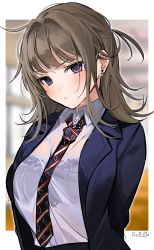 Rule 34 | 1girl, :&lt;, arms behind back, black bra, black jacket, black necktie, blazer, blurry, blurry background, blush, border, bra, breasts, brown hair, closed mouth, collared shirt, depth of field, dress shirt, earrings, embarrassed, grey shirt, hair intakes, highres, jacket, jewelry, long hair, looking at viewer, medium breasts, mole, mole under eye, necktie, one side up, open clothes, open jacket, original, outside border, purple eyes, school uniform, see-through, shirt, signature, solo, striped necktie, striped neckwear, underwear, upper body, v-shaped eyebrows, wet, wet clothes, wet shirt, white border, wing collar, xretakex