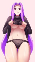 Rule 34 | 1girl, azzypics, black sweater, breasts, facial mark, fate/grand order, fate/hollow ataraxia, fate/stay night, fate (series), forehead mark, highres, large breasts, licking lips, long hair, looking at viewer, looking down, medusa (fate), medusa (rider) (fate), pink eyes, purple hair, solo, sweat, sweatdrop, sweater, tongue, tongue out, underboob, underwear, undressing, very long hair