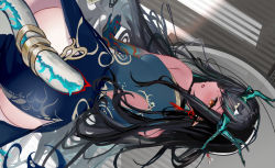 Rule 34 | 1girl, :o, all fours, arknights, ass, back cutout, bed sheet, black hair, blue dress, blue skin, blush, breasts, clothing cutout, colored skin, dragon girl, dragon horns, dragon tail, dress, dusk (arknights), dutch angle, from behind, gradient skin, highres, horns, large breasts, long hair, looking at viewer, looking back, medium breasts, mikuning, on bed, parted lips, red eyes, sleeveless, sleeveless dress, sweat, tail, tail ornament, tail ring, tail through clothes, very long hair