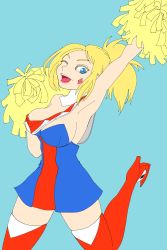 Rule 34 | absurdres, alternate color, blonde hair, blue background, blue eyes, boots, cerebella (skullgirls), cheerleader, detached collar, highres, one eye closed, open mouth, pata n, pom pom (cheerleading), ponytail, skirt, skullgirls, smile, thigh boots, thighhighs, tongue