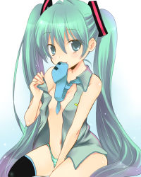 Rule 34 | 1girl, bad id, bad pixiv id, green eyes, green hair, hatsune miku, long hair, matching hair/eyes, mouth hold, necktie, no pants, open clothes, open shirt, panties, shirt, smile, solo, striped clothes, striped panties, thighhighs, twintails, underwear, very long hair, vocaloid, yumemomosaka