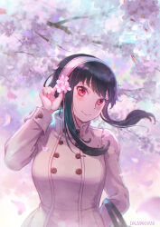 Rule 34 | 1girl, artist name, black hair, blunt bangs, blush, breasts, buttons, cherry blossoms, cherry tree, closed mouth, coat, dalmakhani3, day, falling petals, floating hair, hairband, hand up, high collar, highres, holding, large breasts, long hair, long sleeves, looking at viewer, outdoors, petals, pink coat, pink hairband, red eyes, sidelocks, smile, solo, spy x family, upper body, yor briar