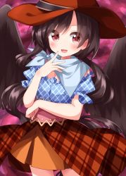 Rule 34 | 1girl, :d, black hair, black wings, blue shirt, blush, brown hat, brown skirt, cowboy hat, cowboy shot, feathered wings, hand up, hat, highres, horse tail, kurokoma saki, long hair, looking at viewer, one-hour drawing challenge, open mouth, pegasus wings, pink eyes, plaid, puffy short sleeves, puffy sleeves, ruu (tksymkw), shirt, short sleeves, skirt, smile, solo, standing, tail, touhou, very long hair, wings