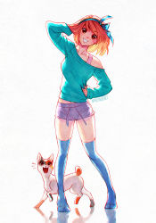 Rule 34 | 1girl, :d, animal, arm up, artist name, bare shoulders, blue legwear, blue ribbon, cat, collarbone, fang, freckles, full body, grin, hair ribbon, hairband, hand in own hair, hand on own hip, legs apart, long sleeves, nana nakano, off-shoulder, off-shoulder sweater, open mouth, orange hair, original, purple shorts, reflection, ribbon, short hair, shorts, smile, standing, sweater, teeth, thighs, whiskers