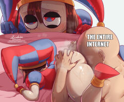 Rule 34 | 1boy, 1girl, ass, blush, bottomless, brown hair, covered mouth, cunnilingus, doktor malefic, faceless, faceless male, grabbing another&#039;s ass, grabbing sheets, half-closed eyes, hat, highres, impact (font), jester, jester cap, oral, pointy footwear, pomni (the amazing digital circus), size difference, spread ass, spread legs, straight hair, sweat, the amazing digital circus