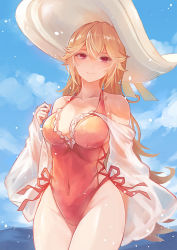 Rule 34 | 1girl, azur lane, blonde hair, blue sky, breasts, cleavage, closed mouth, collarbone, covered navel, feet out of frame, hat, highres, long hair, looking at viewer, medium breasts, official alternate costume, one-piece swimsuit, purple eyes, red one-piece swimsuit, richelieu (azur lane), richelieu (fleuron of the waves) (azur lane), sea nami, sky, smile, solo, standing, sun hat, swimsuit, white hat