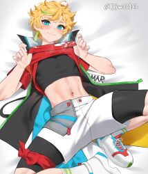 Rule 34 | 1boy, black shirt, blonde hair, blue eyes, blush, clothes lift, commentary, cropped shirt, dangle earrings, earrings, ensemble stars!, g1 (jjw00123), green hair, hands up, harukawa sora, jacket, jewelry, lying, male focus, midriff, multicolored clothes, multicolored hair, multicolored jacket, navel, on back, on bed, open clothes, open jacket, paid reward available, red shirt, shirt, shirt lift, shoes, short hair, shorts, smile, sneakers, socks, solo, steaming body, sweat, twitter username, white footwear, white shorts, white socks, zipper, zipper pull tab