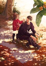 Rule 34 | 1boy, 1girl, artist name, autumn leaves, avengers: endgame, avengers (series), black footwear, black jacket, black leggings, black pants, black shirt, boots, brown hair, child, closed eyes, closed mouth, commentary request, day, facial hair, father and daughter, flower, glasses, grey footwear, highres, holding, holding flower, jacket, leaf, leggings, long sleeves, marvel, marvel cinematic universe, medium hair, mochishio, morgan stark, open clothes, open jacket, orange flower, outdoors, pants, puffy long sleeves, puffy sleeves, red sweater, shadow, shirt, shoes, short hair, sitting, skirt, smile, standing, sweater, t-shirt, tony stark, tree, white skirt