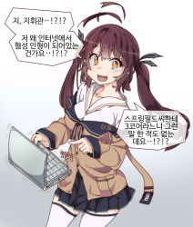 Rule 34 | 1girl, antenna hair, black skirt, breasts, brown hair, collarbone, commentary, computer, fang, girls&#039; frontline, gradient background, grey background, hair ribbon, holding, holding laptop, korean commentary, korean text, laptop, large breasts, long hair, long sleeves, looking at viewer, m14 (girls&#039; frontline), open mouth, pleated skirt, pointing, ribbon, sidarim, simple background, skin fang, skirt, smile, solo, tears, thighhighs, translation request, trembling, twintails, white background, white thighhighs, yellow eyes