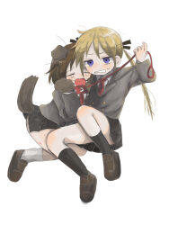 Rule 34 | 2girls, absurdres, animal ears, animal hands, bags under eyes, black ribbon, black skirt, black socks, blazer, blonde hair, brown footwear, brown hair, buttons, clenched teeth, closed eyes, collar, collared shirt, commentary request, crying, dog ears, dog girl, dog tail, double-breasted, facing another, furrowed brow, gloves, grey jacket, grimace, hair ribbon, hands up, highres, holding, holding leash, jacket, kemonomimi mode, kill me baby, kneehighs, leash, loafers, long hair, long sleeves, messy hair, multiple girls, necktie, oribe yasuna, paw gloves, pleated skirt, purple eyes, raised eyebrows, red collar, red necktie, ribbon, school uniform, shirt, shoes, simple background, sitting, skirt, socks, sonya (kill me baby), tail, tail raised, teeth, twintails, white background, white shirt, white socks, yasashii naizou