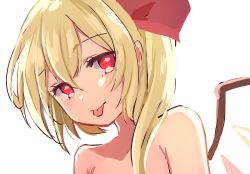 Rule 34 | 1girl, :p, blonde hair, closed mouth, crystal, flandre scarlet, hair between eyes, hair ribbon, head tilt, looking at viewer, no headwear, no pupils, nude, one side up, paragasu (parags112), red eyes, red ribbon, ribbon, short hair, simple background, smile, solo, tongue, tongue out, touhou, upper body, white background, wings