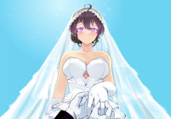 Rule 34 | absurdres, ahoge, bad id, bad pixiv id, bare shoulders, beifeng han, black hair, blue background, blush, breasts, cleavage, dress, glowing, hair between eyes, highres, jewelry, large breasts, looking at viewer, miyaura sanshio, original, ornate ring, outstretched arm, pov, pov hands, purple eyes, ring, smile, solo, strapless, strapless dress, veil, wedding dress, wedding ring