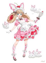 Rule 34 | 1girl, :d, absurdres, apron, blonde hair, bow, bowtie, brown bow, brown bowtie, buttons, cherry, copyright request, cream, dress, food, frills, fruit, full body, gloves, hair bow, happy, heartki, highres, holding, holding whisk, kneehighs, long hair, maid apron, open mouth, pink dress, pink socks, puffy short sleeves, puffy sleeves, shoes, short sleeves, simple background, smile, socks, solo, striped clothes, striped socks, teeth, two-tone socks, upper teeth only, whisk, white apron, white background, white gloves, white socks