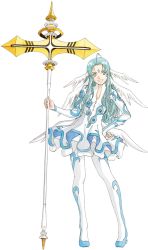 Rule 34 | 1girl, aa megami-sama, absurdres, ahoge, ansuz, aqua eyes, aqua hair, axe, battle axe, breasts, cleavage, dress, facial mark, forehead mark, hand on own hip, head wings, highres, holding, holding axe, holding weapon, leggings, long hair, open mouth, simple background, small breasts, smile, solo, standing, tutu, weapon, white background, wings
