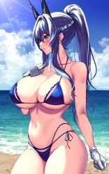 Rule 34 | 1girl, absurdres, bare shoulders, beach, bikini, blue bikini, blue eyes, blue hair, blue sky, blush, braid, breasts, cleavage, cloud, collarbone, commentary, cowboy shot, day, french braid, gloves, goddess of victory: nikke, groin, hair between eyes, hair intakes, hand on own chest, helm (aqua marine) (nikke), helm (nikke), highres, large breasts, long hair, looking at viewer, no jacket, ocean, outdoors, ponytail, profile, samael (5211), side-tie bikini bottom, sidelocks, sky, solo, standing, stomach, sunlight, swimsuit, thighs, wet, white gloves