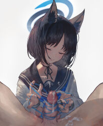 Rule 34 | 1boy, 1girl, absurdres, animal ears, betabeet, black hair, black nails, black sailor collar, blue archive, blue halo, blue neckerchief, cat&#039;s cradle, cat ears, censored, closed eyes, closed mouth, cum, cum on clothes, facial, fingernails, halo, highres, kikyou (blue archive), long sleeves, mosaic censoring, nail polish, neckerchief, penis, pov, pov crotch, sailor collar, short hair, simple background, tongue, tongue out, upper body, white background