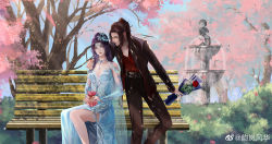 Rule 34 | 1boy, 1girl, absurdres, bench, black hair, blue dress, bouquet, bush, cherry blossoms, detached sleeves, doupo cangqiong, dress, falling petals, flower, fountain, hair bun, hand on another&#039;s shoulder, highres, long hair, looking to the side, petals, pouch, sitting, smile, tree, upper body, xiao yan (doupo cangqiong), yun lan fenghua, yun yun (doupo cangqiong)