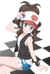 Rule 34 | 1girl, antenna hair, aqua eyes, arm support, arm up, baseball cap, black vest, brown hair, checkered floor, closed mouth, commentary request, creatures (company), crossed legs, eyelashes, game freak, gensei00, hat, highres, hilda (pokemon), holding, holding poke ball, long hair, looking to the side, nintendo, open clothes, open vest, poke ball, poke ball (basic), poke ball print, pokemon, pokemon bw, shirt, shorts, sidelocks, sitting, smile, solo, vest, white hat, white shirt, wristband