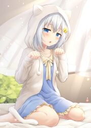 Rule 34 | 1girl, absurdres, animal ear hood, animal ears, barefoot, blue dress, blue eyes, blush, cat ears, cat tail, clenched hands, collarbone, crescent, crescent hair ornament, crossed bangs, curtains, drawstring, dress, fake animal ears, fake tail, grey hair, hair ornament, hands up, highres, hood, hooded jacket, jacket, jitome, medium dress, medium hair, on bed, original, paw pose, satsuki (yutuki ame), sitting, solo, star (symbol), star hair ornament, tail, two-tone dress, wariza, white jacket, window, yellow dress, yutuki ame
