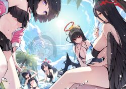 Rule 34 | &lt;|&gt; &lt;|&gt;, 6+girls, bikini, black bikini, black hair, black wings, blue archive, blue sky, breasts, cloud, day, ddangbi, halo, hasumi (blue archive), highres, ichika (blue archive), justice task force (blue archive), justice task force member (blue archive), koharu (blue archive), large breasts, long hair, looking at viewer, mashiro (blue archive), multiple girls, open mouth, outdoors, pink hair, red halo, sitting, sky, small breasts, smile, sun, swimsuit, tsurugi (blue archive), water, wings