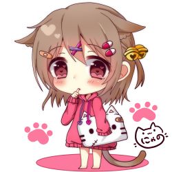 Rule 34 | 1girl, animal ear fluff, animal ears, bandaid, bandaid hair ornament, barefoot, bell, brown eyes, brown hair, cat ears, cat girl, cat-shaped pillow, cat tail, chibi, colored shadow, commentary request, drawstring, full body, hair bell, hair between eyes, hair ornament, hairclip, heart, heart-shaped pupils, hood, hood down, hoodie, jingle bell, long hair, long sleeves, looking at viewer, nyano21, one side up, original, parted lips, pink hoodie, shadow, signature, sleeves past fingers, sleeves past wrists, solo, standing, symbol-shaped pupils, tail, thumb sucking, white background, x hair ornament
