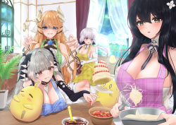 Rule 34 | 4girls, absurdres, ahoge, alternate costume, apron, azur lane, bare shoulders, black hair, black ribbon, blonde hair, blue apron, blue eyes, breasts, cake, chocolate making, cleavage, clothing cutout, day, food, formidable (azur lane), fruit, green apron, green eyes, grey hair, hair between eyes, hair ribbon, highres, holding, holding food, huge breasts, illustrious (azur lane), indomitable (azur lane), indoors, komugikokonko, large breasts, laurel crown, long hair, looking at viewer, manjuu (azur lane), multiple girls, pink apron, plaid, plaid apron, ribbon, shaded face, shoulder cutout, strawberry, tri tails, twintails, two-tone ribbon, victorious (azur lane), whipped cream, white hair, white ribbon, wooden floor, yellow apron
