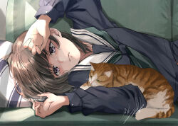 Rule 34 | 1girl, animal, animal on arm, black neckerchief, black stripes, blue serafuku, blue skirt, brown hair, buttoned cuffs, buttons, cat, commentary request, couch, crying, crying with eyes open, fingernails, grey eyes, hand on own head, head on pillow, highres, indoors, long sleeves, looking down, lying, medium hair, multicolored fur, neckerchief, on couch, on side, orange cat, orange fur, original, parted lips, sad, sailor collar, school uniform, serafuku, signature, skirt, solo, soragane (banisinngurei), striped, tabby cat, tearing up, tears, upper body, wavy mouth, white fur, white sailor collar