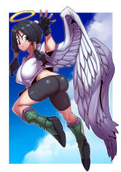 Rule 34 | 1girl, absurdres, angel, angel wings, ass, black gloves, black hair, black shorts, blue eyes, blue sky, boots, border, breasts, closed mouth, day, dragon ball, dragonball z, feathers, fingerless gloves, flying, from behind, full body, gloves, green footwear, halo, highres, kneepits, large breasts, looking back, low twintails, midriff, shirt, short sleeves, shorts, sky, smile, solo, tukiwani, twintails, videl, white border, white shirt, white wings, wings