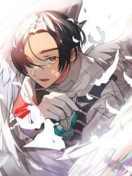 Rule 34 | 1boy, ahoge, angel wings, armband, black hair, chain, commentary request, eyebrows, feathered wings, feathers, fenix uniform, gloves, glowing, hito01, igarashi daiji, kamen rider, kamen rider revice, looking at viewer, male focus, pants, shirt, short hair, simple background, vest, vistamp, white wings, wing genome, wings, yellow eyes