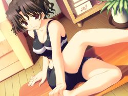 Rule 34 | 00s, 1girl, arm support, bare shoulders, barefoot, bike shorts, black hair, blush, breasts, brown eyes, brown hair, cleavage, closed mouth, couch, crop top, dutch angle, fingernails, game cg, hair between eyes, hip focus, indoors, kneepits, large breasts, leg up, legs, light smile, long fingernails, mat, mature female, midriff, mitsumi misato, parted bangs, plant, potted plant, purple eyes, short hair, sitting, smile, solo, sportswear, stretching, sweatdrop, tank top, to heart (series), to heart 2, to heart 2 ad, wavy hair, wooden floor, yuzuhara haruka