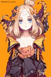 Rule 34 | 1girl, :o, abigail williams (fate), abigail williams (traveling outfit) (fate), animal print, artist name, bandaid, bandaid on face, bandaid on forehead, black bow, black dress, blue eyes, bow, collarbone, commentary request, dress, fate/grand order, fate (series), hair bow, hair bun, head tilt, hong (white spider), jacket, light brown hair, long hair, long sleeves, looking at viewer, hugging object, official alternate costume, open clothes, open jacket, orange background, orange bow, parted bangs, parted lips, polka dot, polka dot bow, signature, single hair bun, sleeves past fingers, sleeves past wrists, solo, stuffed animal, stuffed toy, suction cups, teddy bear, tentacles, tiger print