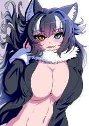 Rule 34 | 1girl, animal ear fluff, animal ears, black hair, black jacket, blue eyes, blush, bottomless, breasts, buttons, cleavage, coat, collar, covering privates, eyelashes, fangs, female focus, fur collar, grey wolf (kemono friends), heterochromia, highres, huge breasts, jacket, kemono friends, large breasts, long hair, looking at viewer, lying, mamiyama, midriff, multicolored hair, naked jacket, navel, no bra, no panties, nude cover, on bed, on side, open clothes, open mouth, simple background, smile, solo, teeth, upper body, very long hair, white background, white hair, wolf ears, wolf girl, yellow eyes