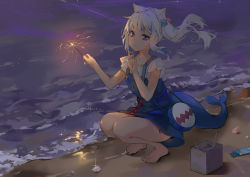 Rule 34 | 1girl, animal ears, bag, barefoot, beach, blue dress, blue eyes, blue hair, cat ears, closed mouth, commentary, cube hair ornament, dema hmw, dress, fins, fireworks, fish tail, full body, gawr gura, gawr gura (casual), glint, hair ornament, hands up, highres, holding, hololive, hololive english, index finger raised, multicolored hair, night, ocean, official alternate costume, outdoors, sand, seashell, senkou hanabi, shark tail, shell, shirt, short sleeves, shoulder bag, side ponytail, sleeveless, sleeveless dress, smile, solo, sparkler, squatting, streaked hair, tail, virtual youtuber, water, white hair, white shirt