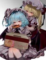 Rule 34 | 2girls, ascot, bat wings, blonde hair, blue hair, box, commentary request, crystal wings, doughnut, eating, flandre scarlet, food, hand on another&#039;s shoulder, hat, highres, holding, holding box, mikan (manmarumikan), mob cap, multiple girls, red ascot, red eyes, red skirt, red vest, remilia scarlet, shirt, siblings, sisters, skirt, touhou, vest, white shirt, white skirt, wings