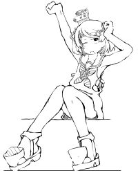 Rule 34 | 1girl, braid, dress, greyscale, headgear, kantai collection, knees together feet apart, monochrome, necktie, one eye closed, open mouth, sailor dress, sandals, scirocco (kancolle), short hair, sitting, sleeveless, sleeveless dress, solo, stretching, task (s task80), tired, two side up, white background