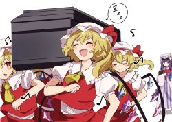 Rule 34 | 5girls, :d, ascot, blonde hair, blush stickers, book, closed eyes, coffin, commentary request, crescent, crescent hat ornament, crystal, dancing pallbearers (meme), fang, flandre scarlet, flat chest, four of a kind (touhou), frilled shirt collar, frills, hair between eyes, happy, hat, hat ornament, highres, holding, holding book, meme, mob cap, multiple girls, musical note, one side up, open mouth, pakimoti, patchouli knowledge, puffy short sleeves, puffy sleeves, red eyes, red skirt, red vest, shadow, short sleeves, simple background, skin fang, skirt, skirt set, slit, smile, smug, spoken zzz, striped, touhou, v-shaped eyebrows, vertical stripes, vest, white background, wings, yellow ascot, zzz