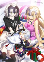 Rule 34 | 3girls, ahoge, aora, apron, bell, black gloves, black legwear, black shirt, blonde hair, blush, box, capelet, crossed legs, dress, elbow gloves, fate/apocrypha, fate/grand order, fate (series), fur trim, gift, gift box, gilles de rais (caster) (fate), gloves, green ribbon, hair ribbon, headpiece, highres, jeanne d&#039;arc (fate), jeanne d&#039;arc (ruler) (fate), jeanne d&#039;arc alter (avenger) (fate), jeanne d&#039;arc alter (fate), jeanne d&#039;arc alter santa lily (fate), lap pillow, long hair, looking at another, looking at viewer, multiple girls, multiple persona, pink apron, ribbon, shirt, shorts, sitting, striped ribbon, stuffed toy, sweatdrop, thighhighs, white dress, white hair, yellow eyes