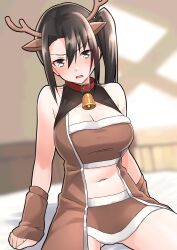 Rule 34 | 1girl, alternate costume, animal ears, bare shoulders, bell, belt, belt collar, blush, breasts, brown eyes, brown hair, cleavage, commentary request, crop top, fake animal ears, fur-trimmed shirt, fur-trimmed skirt, fur trim, furaggu (frag 0416), highres, indoors, kantai collection, large breasts, long hair, looking at viewer, midriff, nachi (kancolle), navel, on bed, one-hour drawing challenge, open mouth, ponytail, red belt, shirt, skirt, solo