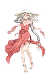 Rule 34 | 1girl, arm up, barefoot, bead anklet, blue eyes, cuervo, dress, eyepatch, feet, full body, hat, highres, looking at viewer, official art, pink dress, pink scarf, princess principal, princess principal game of mission, scar, scarf, shoes, silver hair, skirt, solo, standing, toes, transparent background, unworn shoes, white footwear, white hat
