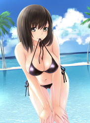 Rule 34 | 1girl, beach, bikini, black bikini, blue sky, blush, breasts, brown eyes, brown hair, cleavage, closed mouth, cloud, cloudy sky, collarbone, day, halterneck, hands on own knees, large breasts, leaning forward, long hair, looking at viewer, mouth hold, navel, nonaka ritsu, ocean, original, outdoors, palm tree, side-tie bikini bottom, sky, smile, solo, swimsuit, thighs, tree