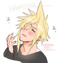 Rule 34 | 1boy, black shirt, blonde hair, blush, cloud strife, closed eyes, final fantasy, final fantasy vii, final fantasy vii remake, hamster, krudears, open mouth, shirt, solo, spiked hair, square enix, wavy mouth, white background