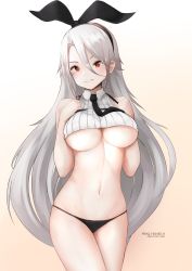 Rule 34 | 1girl, absurdres, arescr, artist name, azur lane, black necktie, black panties, breasts, character name, commentary, cowboy shot, english commentary, gradient background, hair between eyes, hair ribbon, hands on own chest, highres, large breasts, long hair, looking at viewer, mole, mole under eye, navel, necktie, panties, parted lips, prinz heinrich (azur lane), red eyes, ribbon, smile, solo, underboob, underwear, white background, white hair