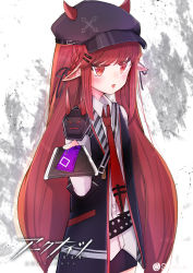 Rule 34 | 1girl, absurdres, arknights, fake horns, hat, highres, horned headwear, horns, long hair, necktie, pointy ears, red eyes, red hair, red necktie, satsuki.e, solo, vigna (arknights)