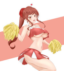 Rule 34 | 1girl, :d, artist request, ass, bad link, blush, bow, breasts, brown hair, cleavage, drawfag, hair bow, hair ornament, hair stick, highres, large breasts, long hair, looking at viewer, makeup, miniskirt, navel, open mouth, pom pom (cheerleading), ponytail, red bow, red eyes, resolution mismatch, sidelocks, simple background, skirt, smile, solo, source larger, standing, star (symbol), twisted torso, two-tone background, underboob, yuugiri (zombie land saga), zombie land saga