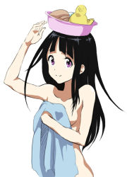 Rule 34 | 10s, 1girl, arm up, bad id, bad pixiv id, basin, black hair, blunt bangs, breasts, chitanda eru, covering privates, from side, hyouka, long hair, looking at viewer, naked towel, nude cover, object on head, purple eyes, rubber duck, sideboob, simple background, small breasts, smile, solo, tako (tai-ko), towel, washbowl, white background