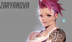 Rule 34 | 1girl, akito1179, arm tattoo, bad id, bad pixiv id, bare shoulders, bikini, blizzard (company), blue eyes, breasts, character name, cleavage, collarbone, eyelashes, eyeliner, eyeshadow, grey background, large breasts, lips, looking at viewer, makeup, mascara, nose, overwatch, overwatch 1, parted lips, pink hair, scar, short hair, simple background, smile, solo, swimsuit, tattoo, upper body, zarya (overwatch)